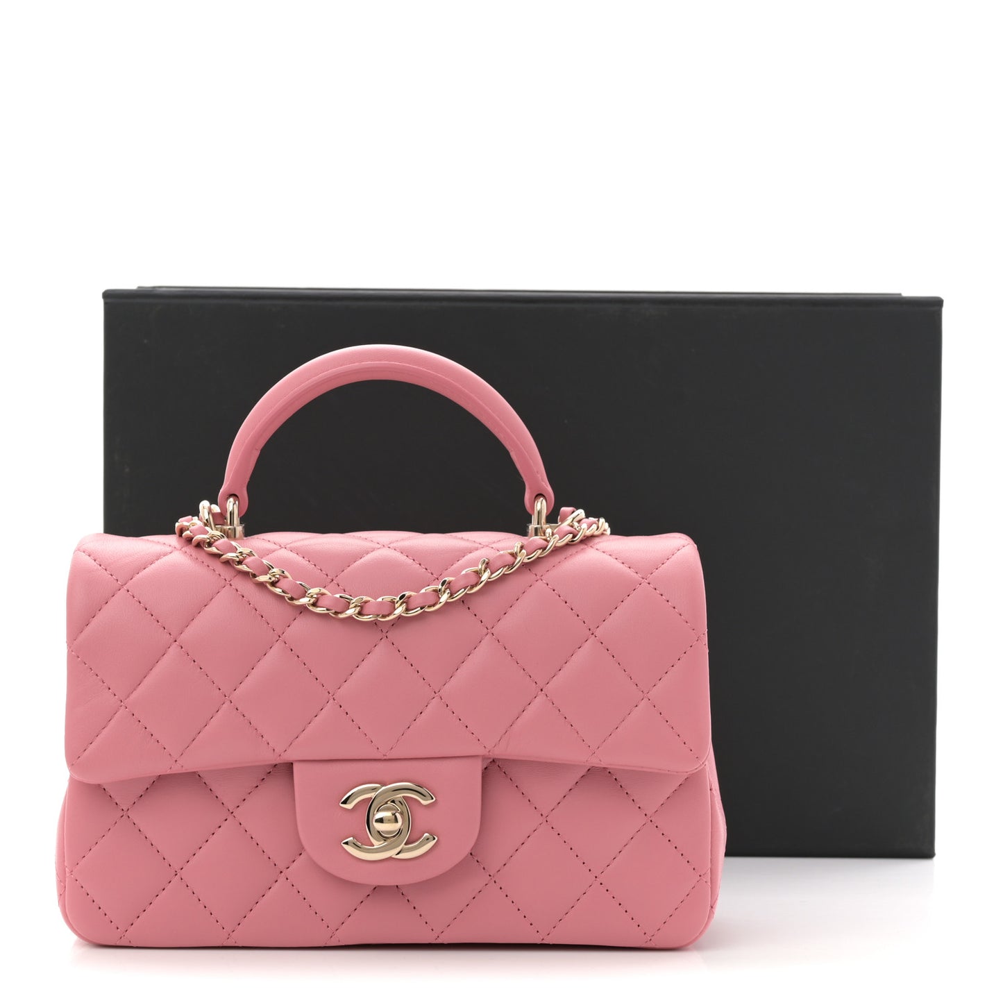 Lambskin Quilted Mini Top Handle Rectangular Flap Pink
