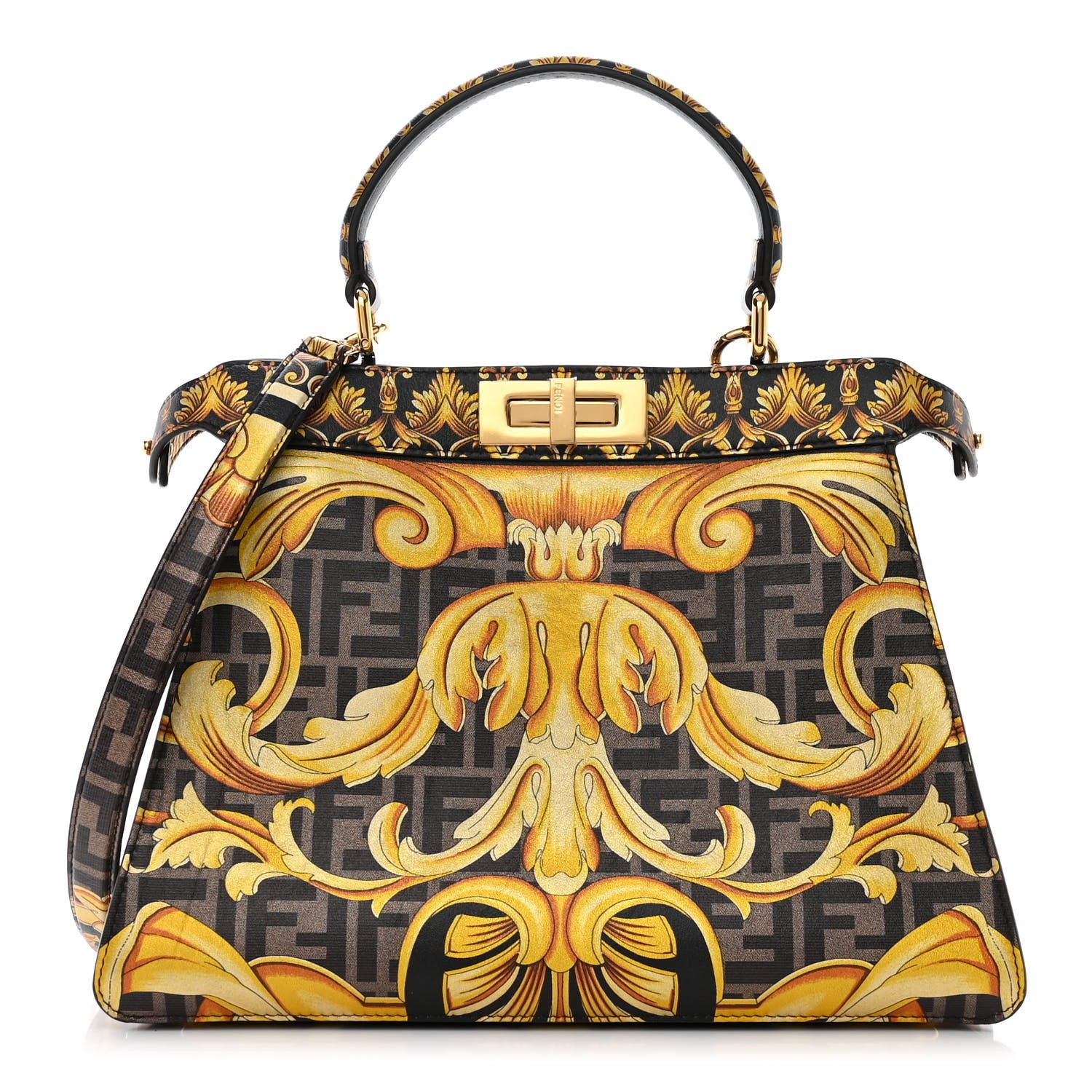 Fendi X VERSACE Vitello Seta Nappa Fendace FF Baroque Medium Peekaboo I SEE U Satchel Tobacco Black Gold 1 of 11