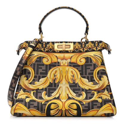 Fendi X VERSACE Vitello Seta Nappa Fendace FF Baroque Medium Peekaboo I SEE U Satchel Tobacco Black Gold 1 of 11