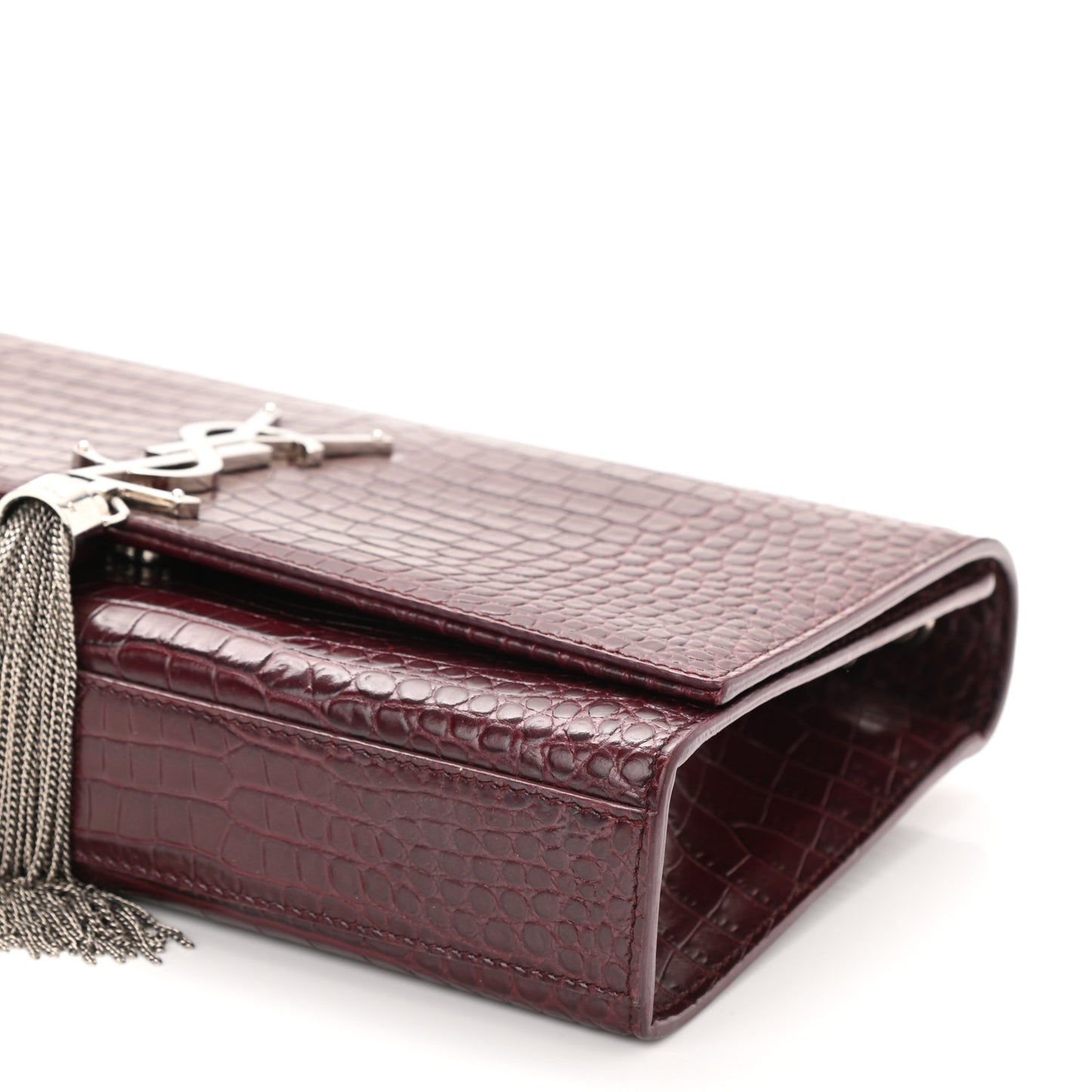 Calfskin Crocodile Embossed Medium Classic Monogram Kate Tassel Satchel Dark Red