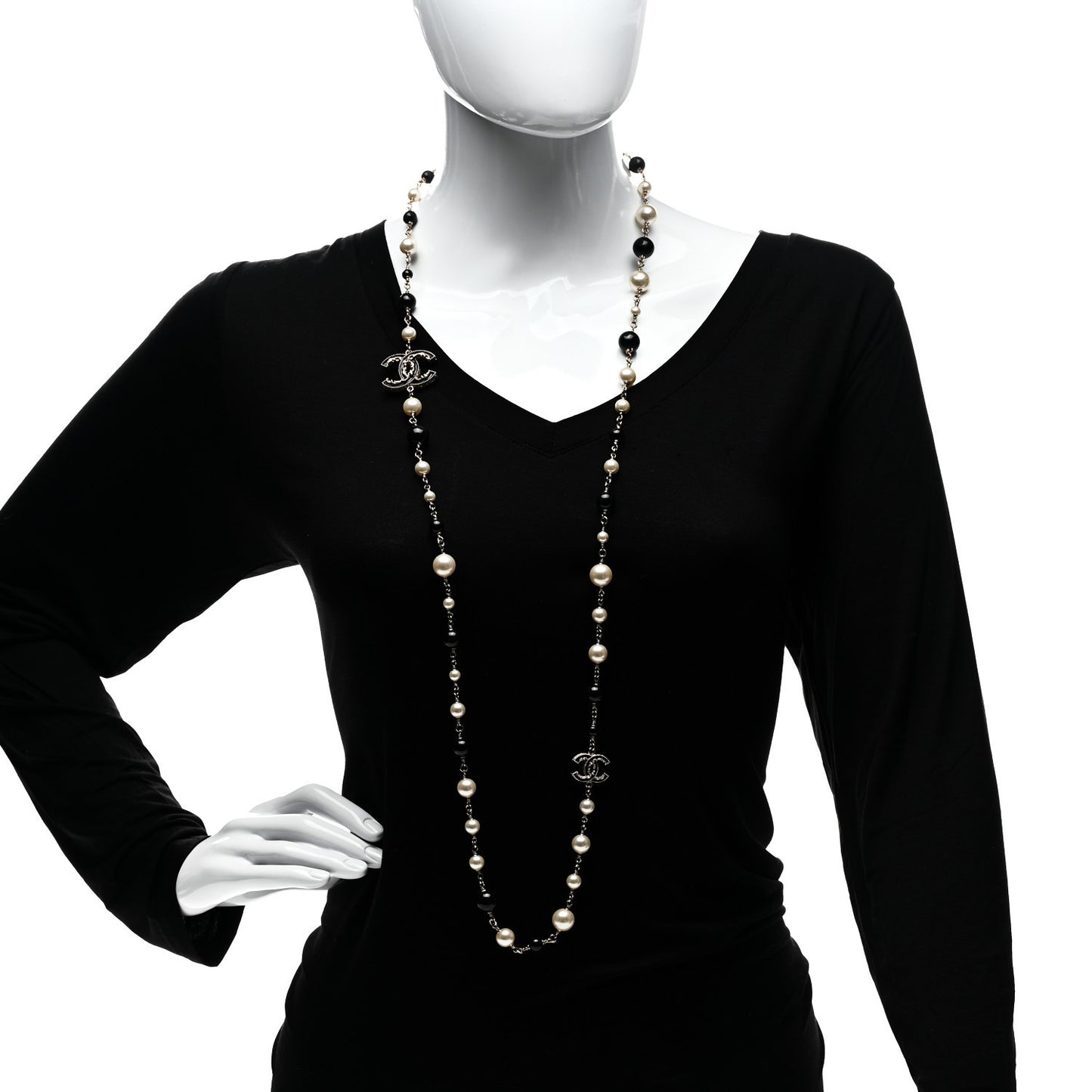 Metal Pearl Beaded Textured CC Long Necklace Gold Black Gold Black White