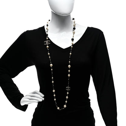 Chanel Metal Pearl Beaded Textured CC Long Necklace Gold Black Gold Black White 2 of 5