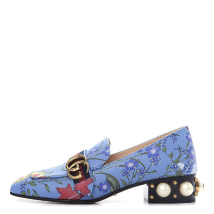 Gucci Apollo Calfskin Web Pearl New Flora Peyton 35mm Loafer Pumps 37.5 Azure 1 of 11