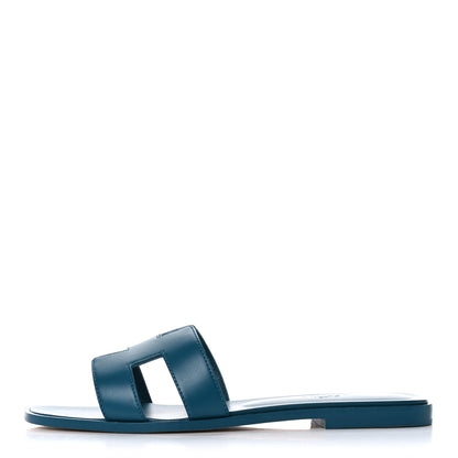 Hermes Box Calfskin Oran Sandals 38 Blue Velvet 1 of 9