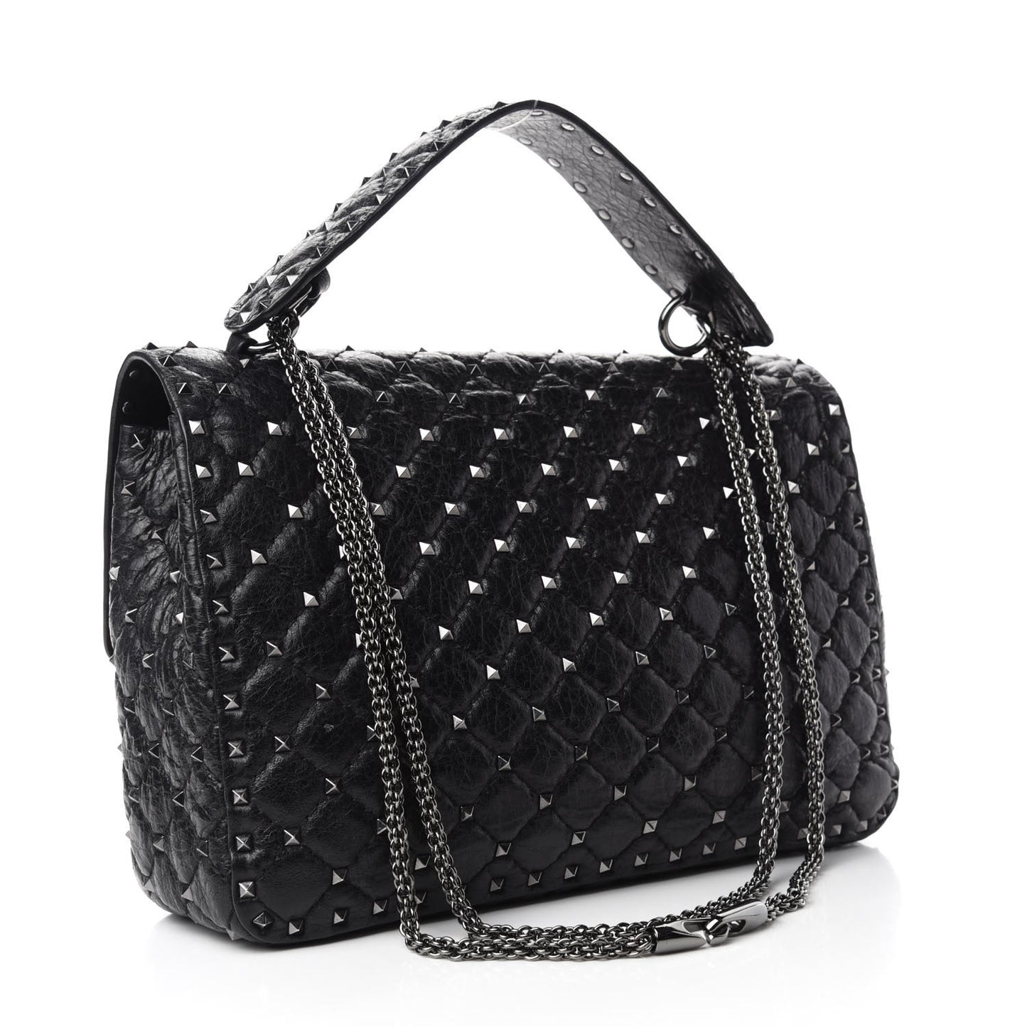 Craquele Nappa Large Rockstud Spike Shoulder Bag Black