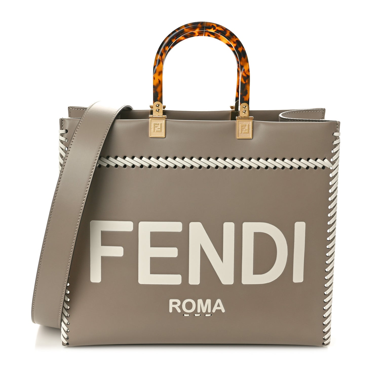 Vitello King Ceylon Plexiglass Woven Logo Debossed Medium Fendi Sunshine Shopper Tote Tortora White Ice