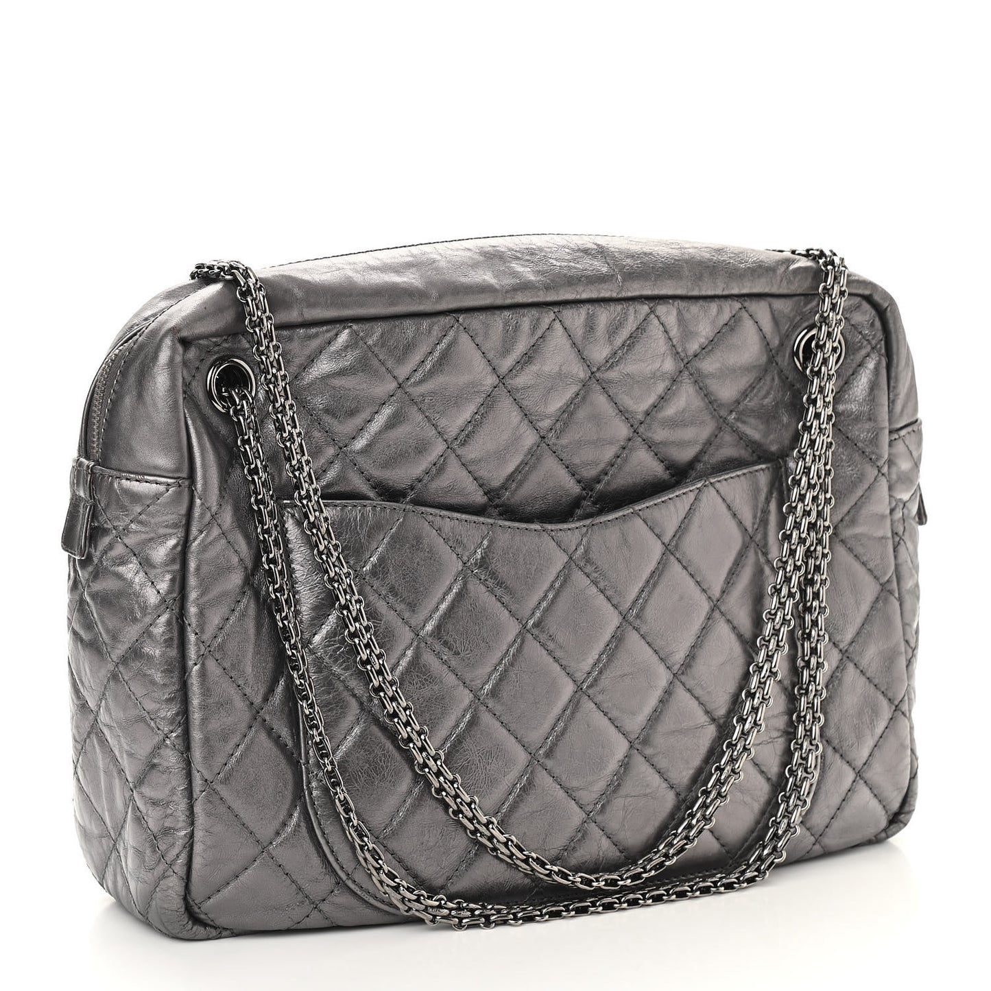 Metallic Aged Calfskin Quilted Large Reissue Camera Case Silver