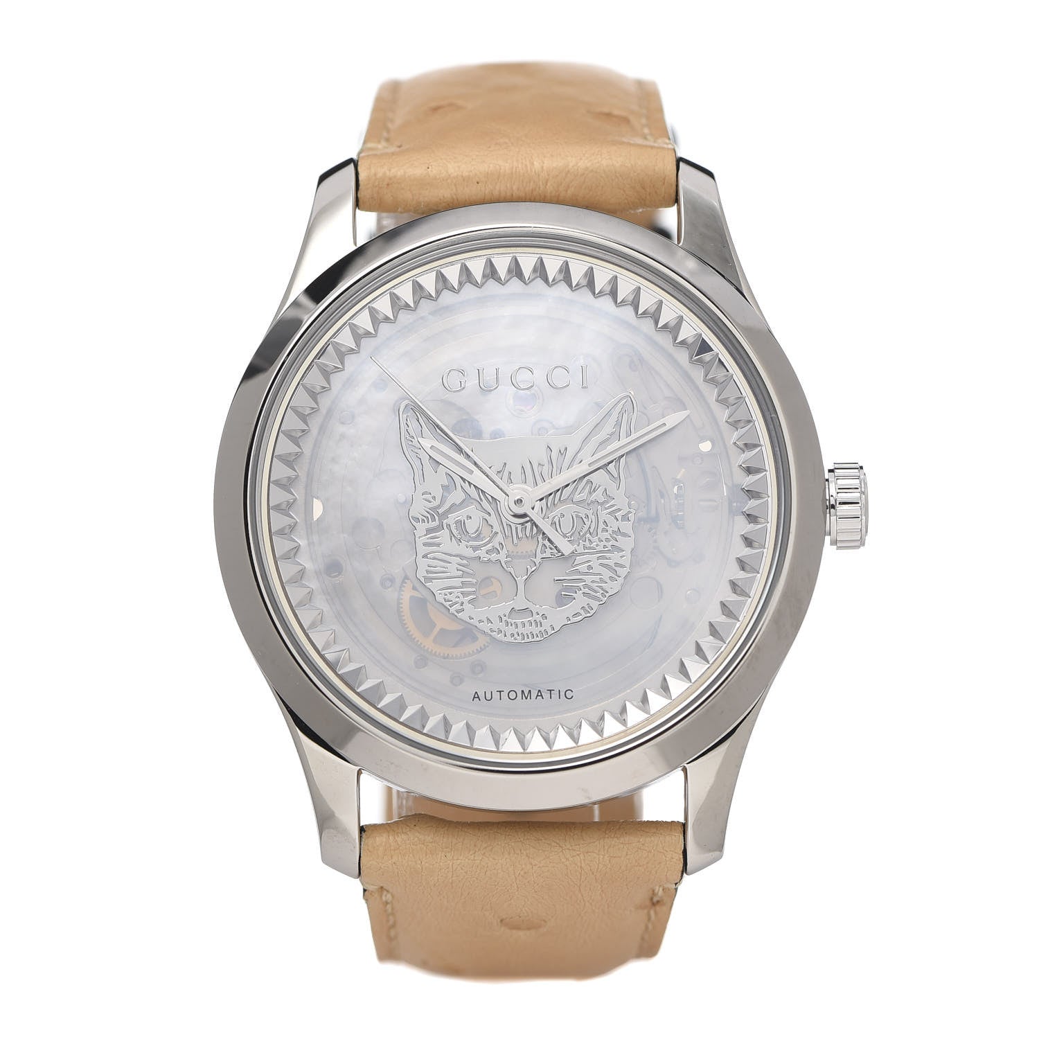 Gucci Stainless Steel Ostrich Mother of Pearl 38mm G-Timeless Cat Automatic Watch 1 of 8