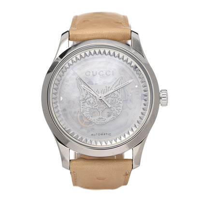 Gucci Stainless Steel Ostrich Mother of Pearl 38mm G-Timeless Cat Automatic Watch 1 of 8