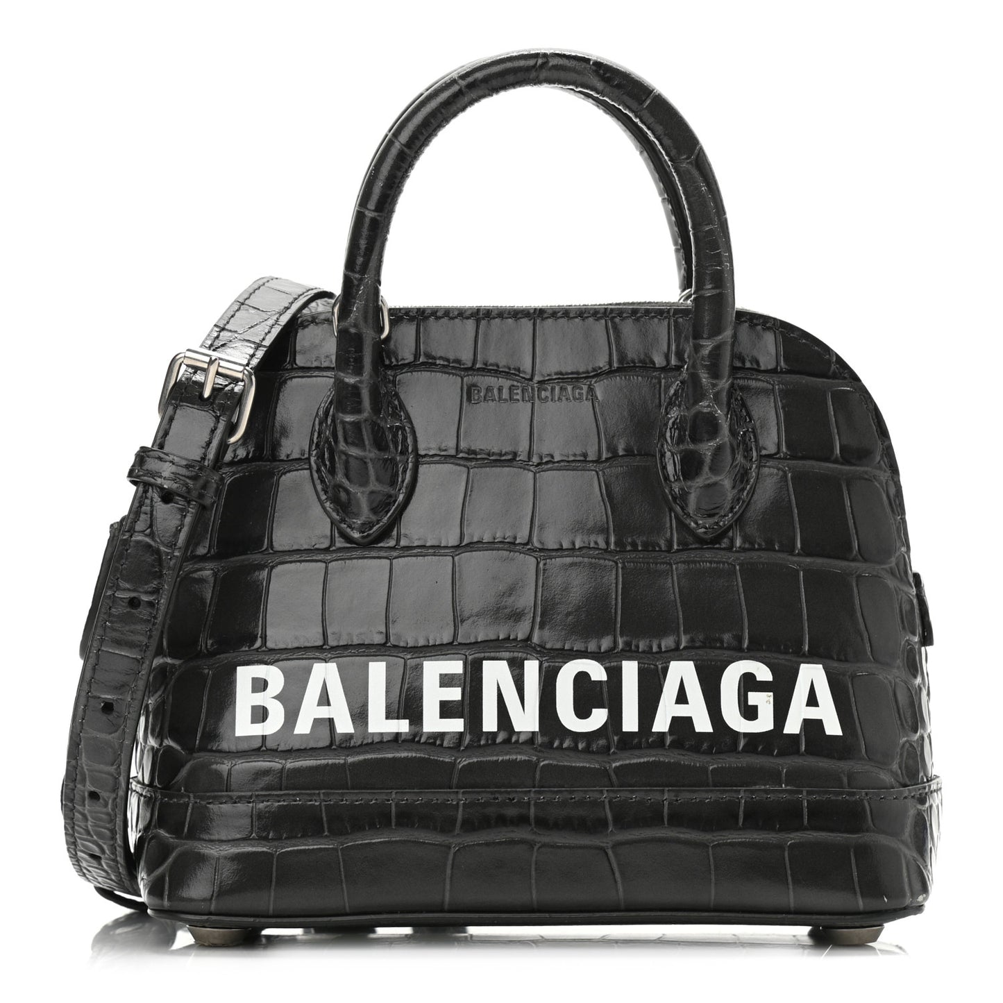 Shiny Calfskin Logo Crocodile Embossed XXS Ville Top Handle Bag Gray