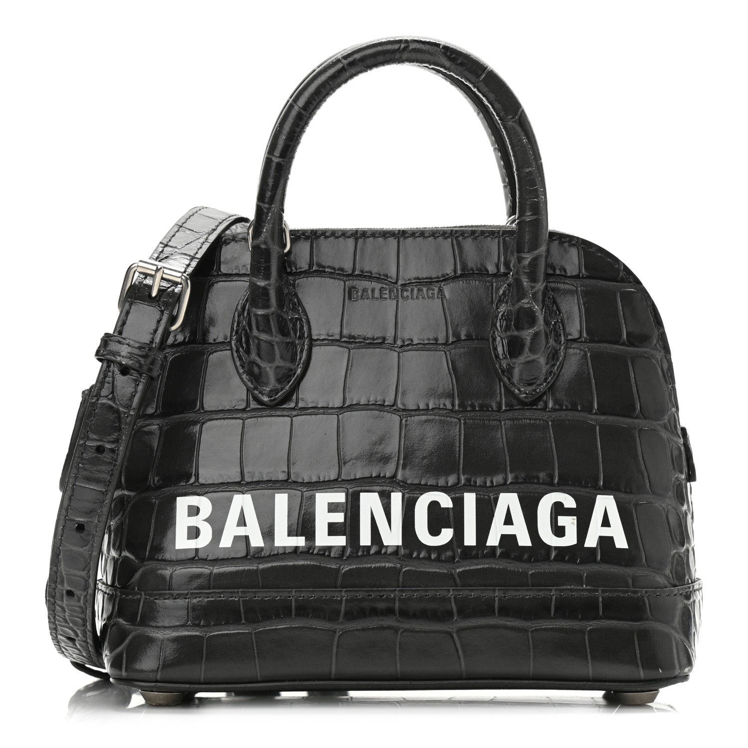 Balenciaga Shiny Calfskin Logo Crocodile Embossed XXS Ville Top Handle Bag Gray 1 of 13