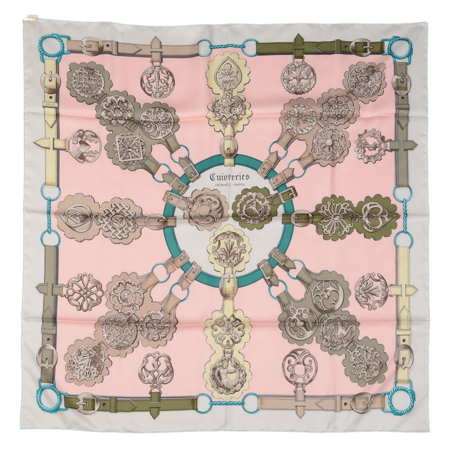 Hermes Silk Cuivreries Scarf 90 Rose Poudre Gris Perle Vert 2 of 5