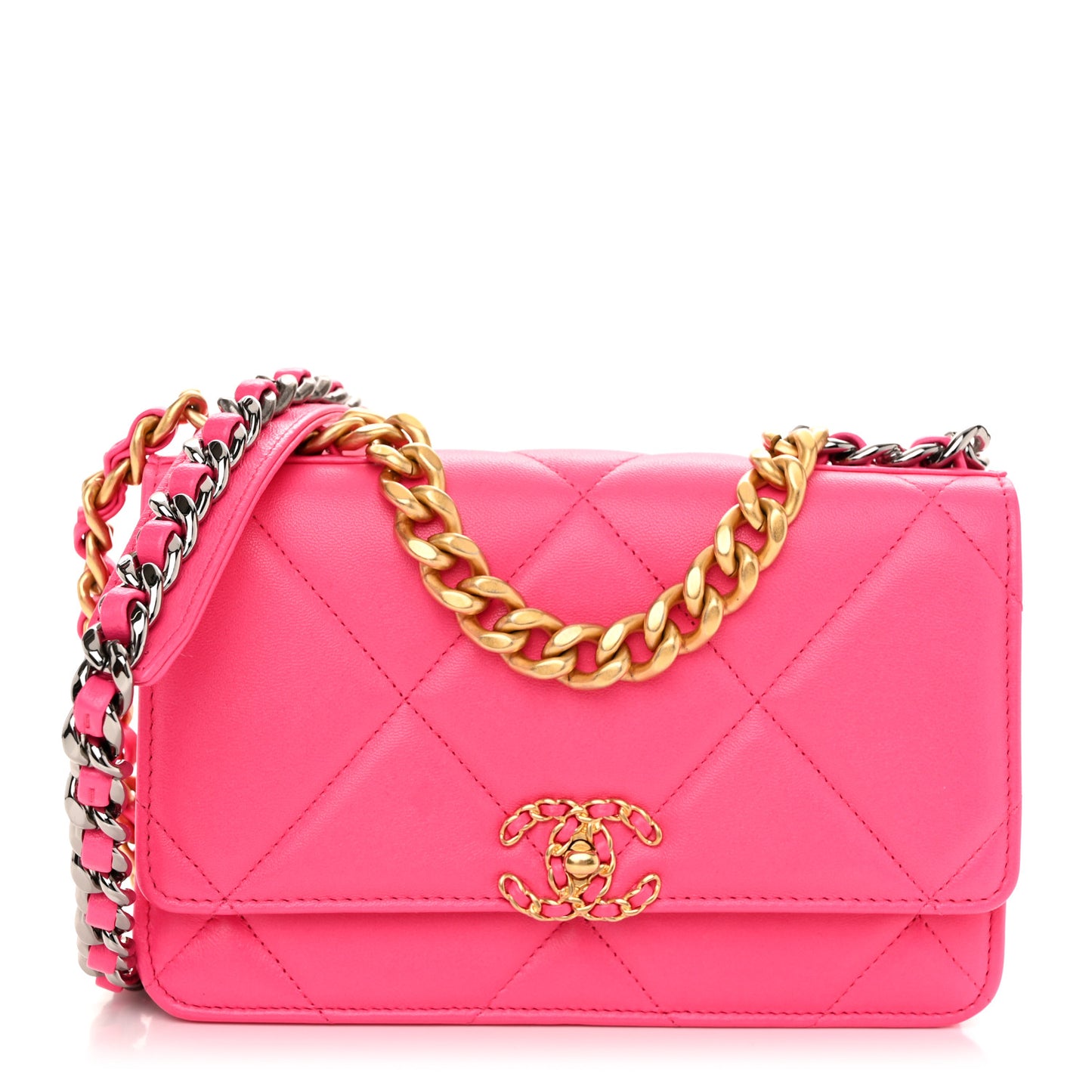 Lambskin Quilted Chanel 19 Wallet On Chain WOC Dark Pink