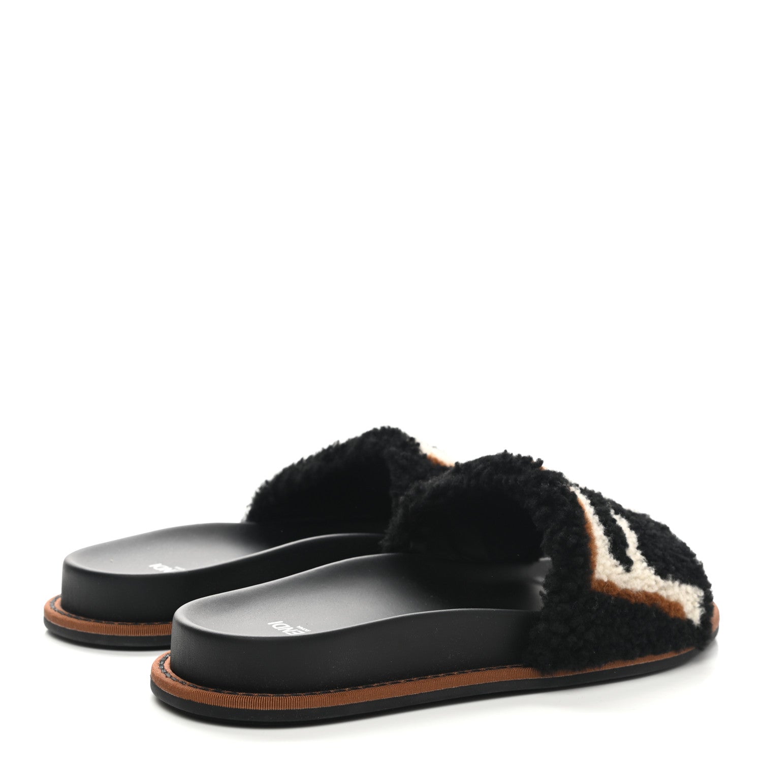 Fendi Shearling Logo Slide Sandals 38 Black Latte Brownie 4 of 9