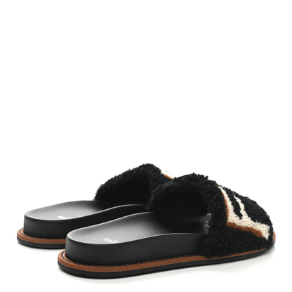 Fendi Shearling Logo Slide Sandals 38 Black Latte Brownie 4 of 9