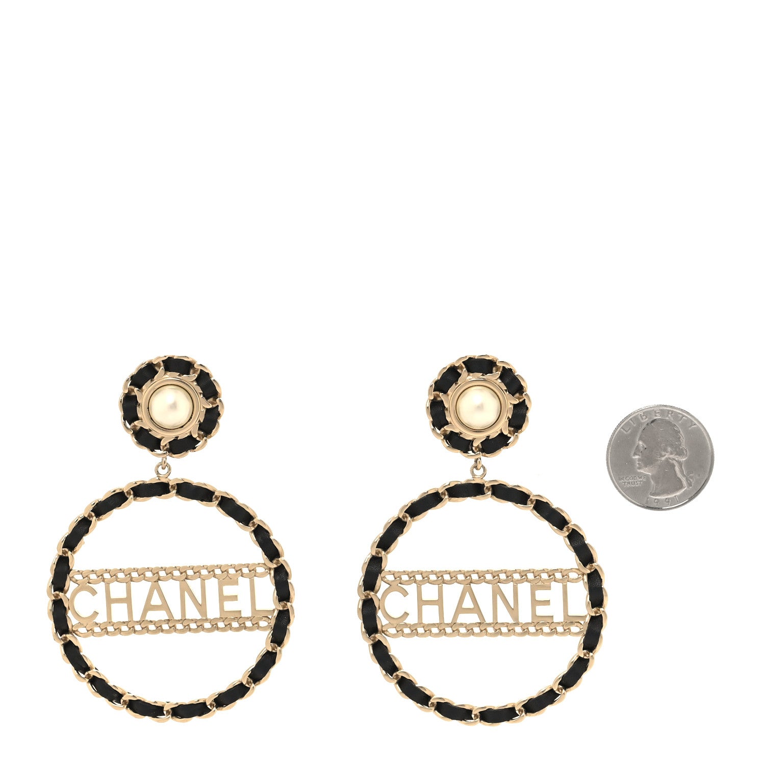 Chanel Pearl Lambskin Chain Logo Hoop Clip On Earrings Black Gold 2 of 5