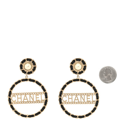 Chanel Pearl Lambskin Chain Logo Hoop Clip On Earrings Black Gold 2 of 5