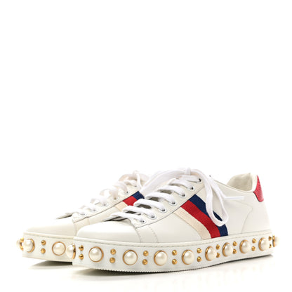 Gucci Calfskin Ayers Web Pearl Studded Womens Ace Sneakers 37 White 3 of 9
