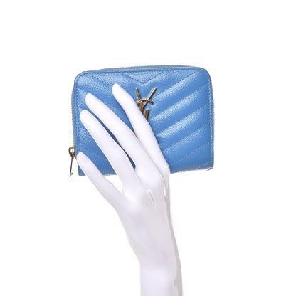 Saint Laurent Grain De Poudre Matelasse Chevron Monogram Compact Zip Around Wallet Blue Clair 2 of 8