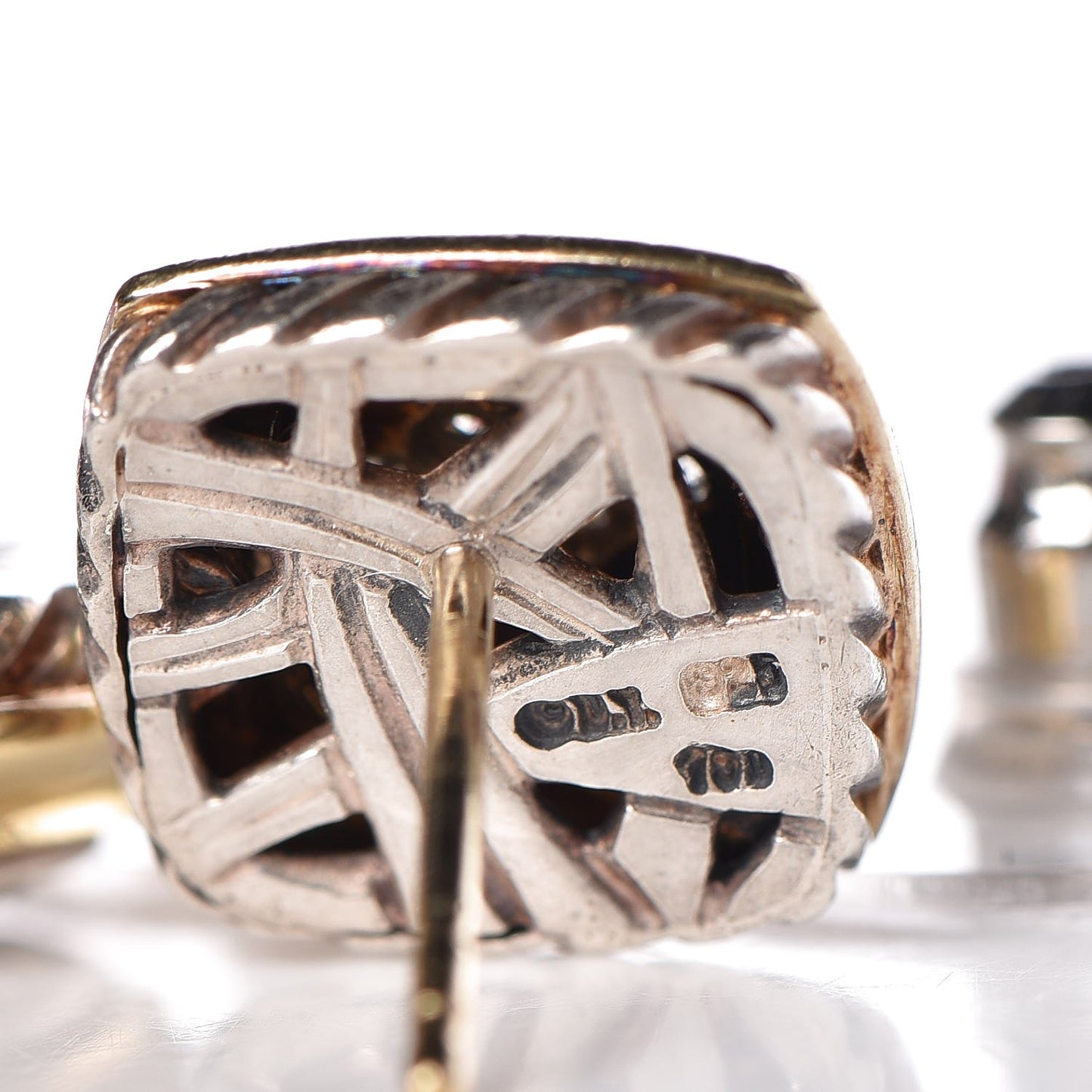 Sterling Silver 18K Yellow Gold Pave Diamond Cushion Stud Earrings.