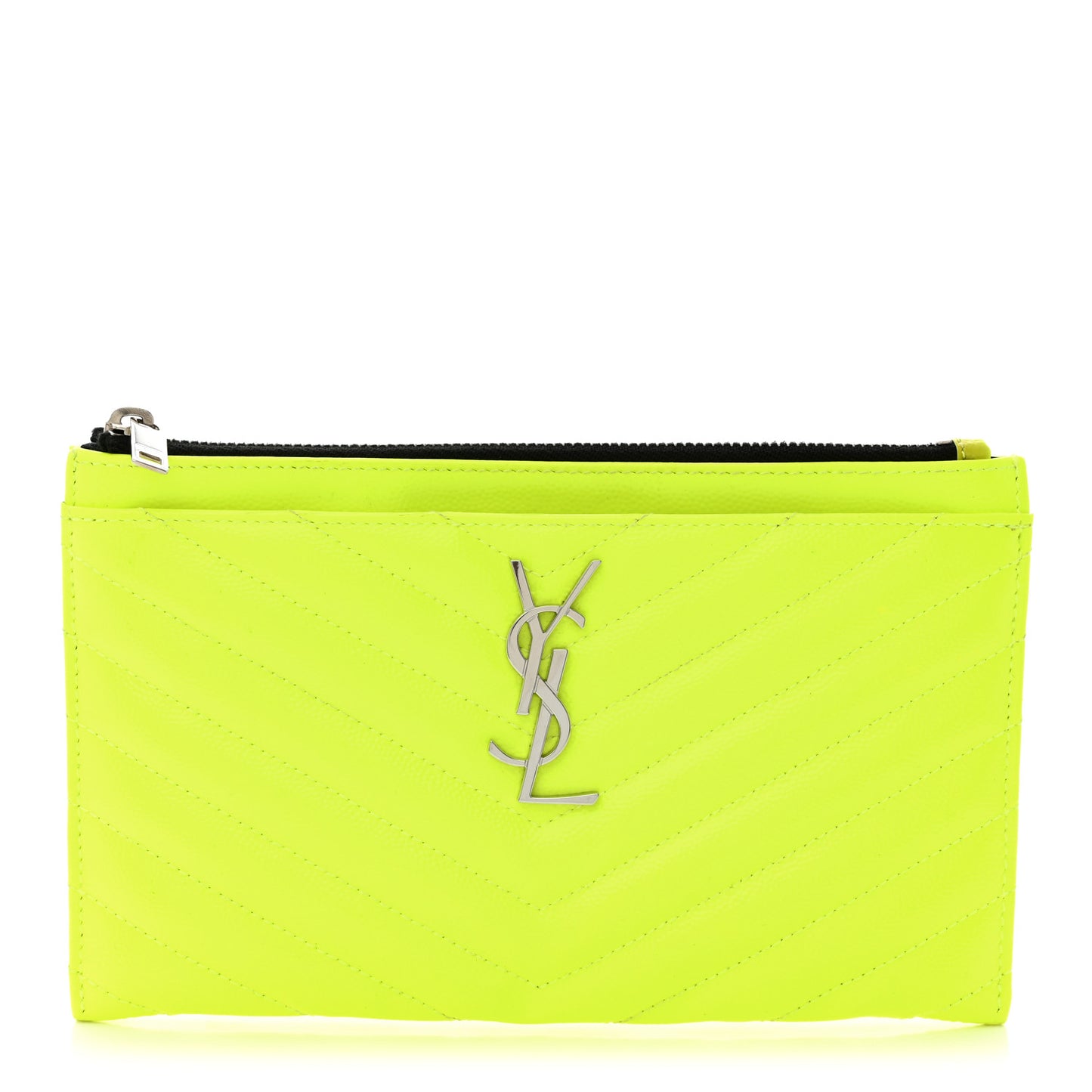 Patent Grain De Poudre Matelasse Chevron Monogram Bill Pouch Neon Yellow