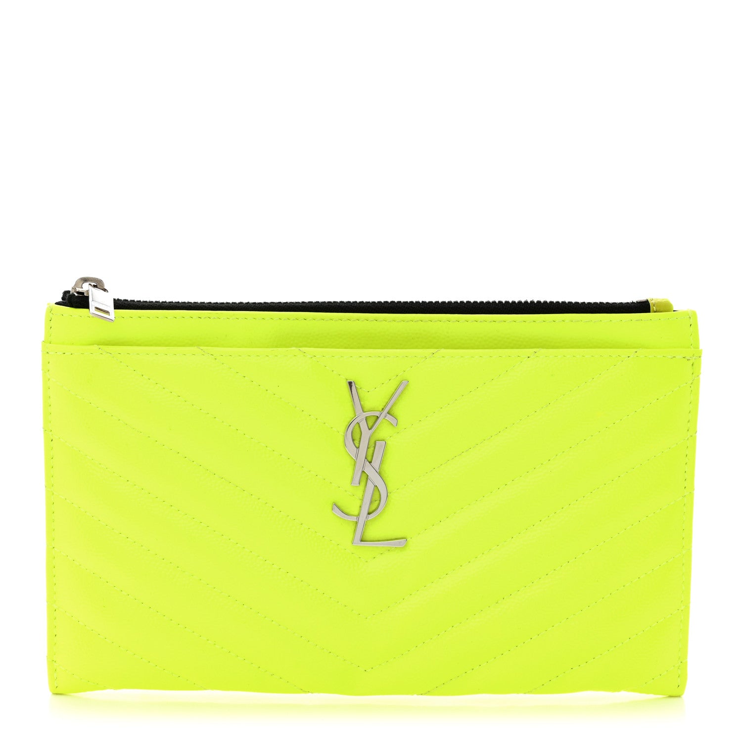 Saint Laurent Patent Grain De Poudre Matelasse Chevron Monogram Bill Pouch Neon Yellow 1 of 8