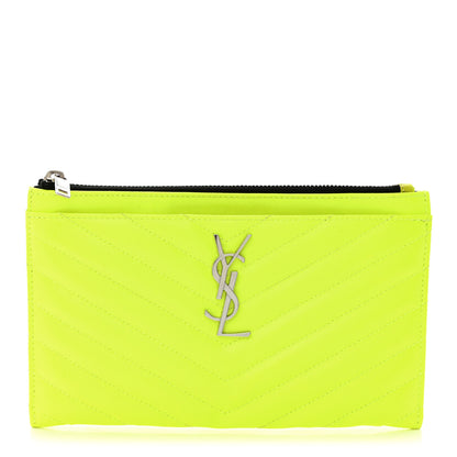 Saint Laurent Patent Grain De Poudre Matelasse Chevron Monogram Bill Pouch Neon Yellow 1 of 8