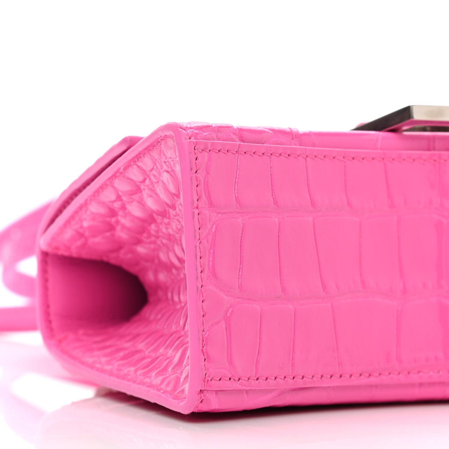Shiny Calfskin Crocodile Embossed Hourglass Top Handle Bag XS Neon Pink