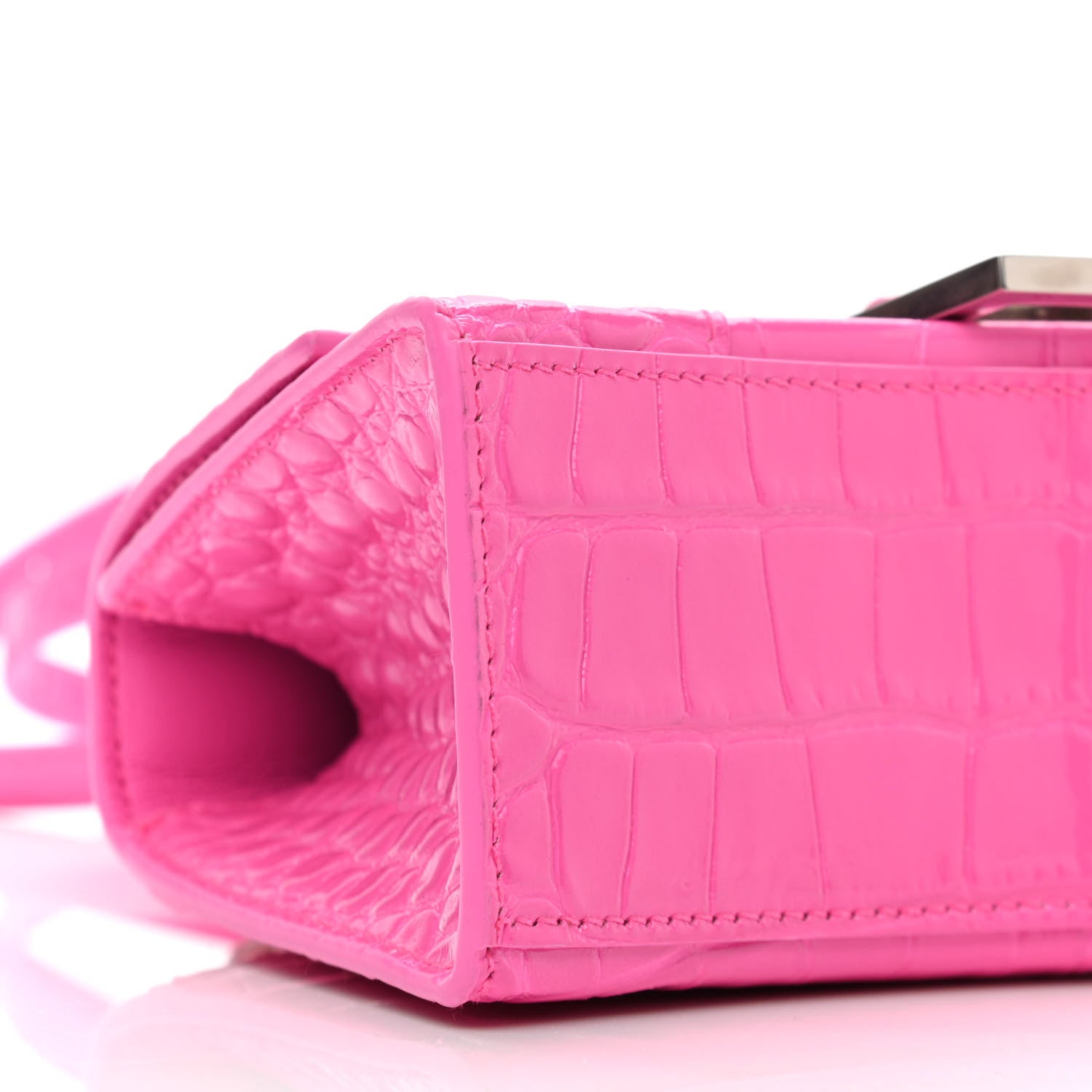 Balenciaga Shiny Calfskin Crocodile Embossed Hourglass Top Handle Bag XS Neon Pink 5 of 12