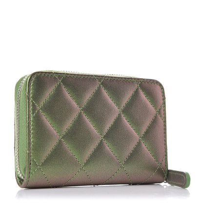 Chanel Metallic Lambskin Quilted Zip Around Coin Purse Wallet Green 3 of 8