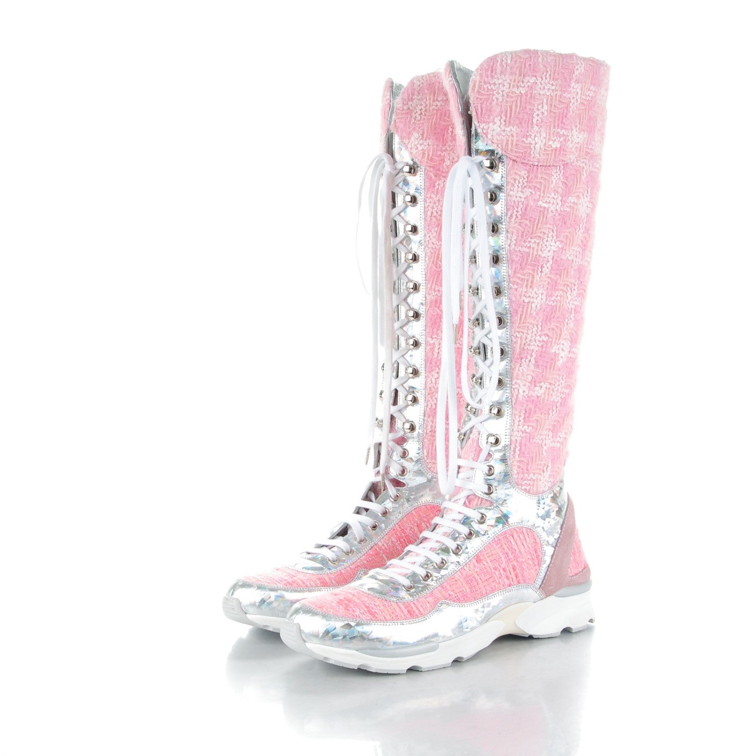 Chanel Tweed Suede Calfskin Sneaker High Boots 40 Pink 3 of 7