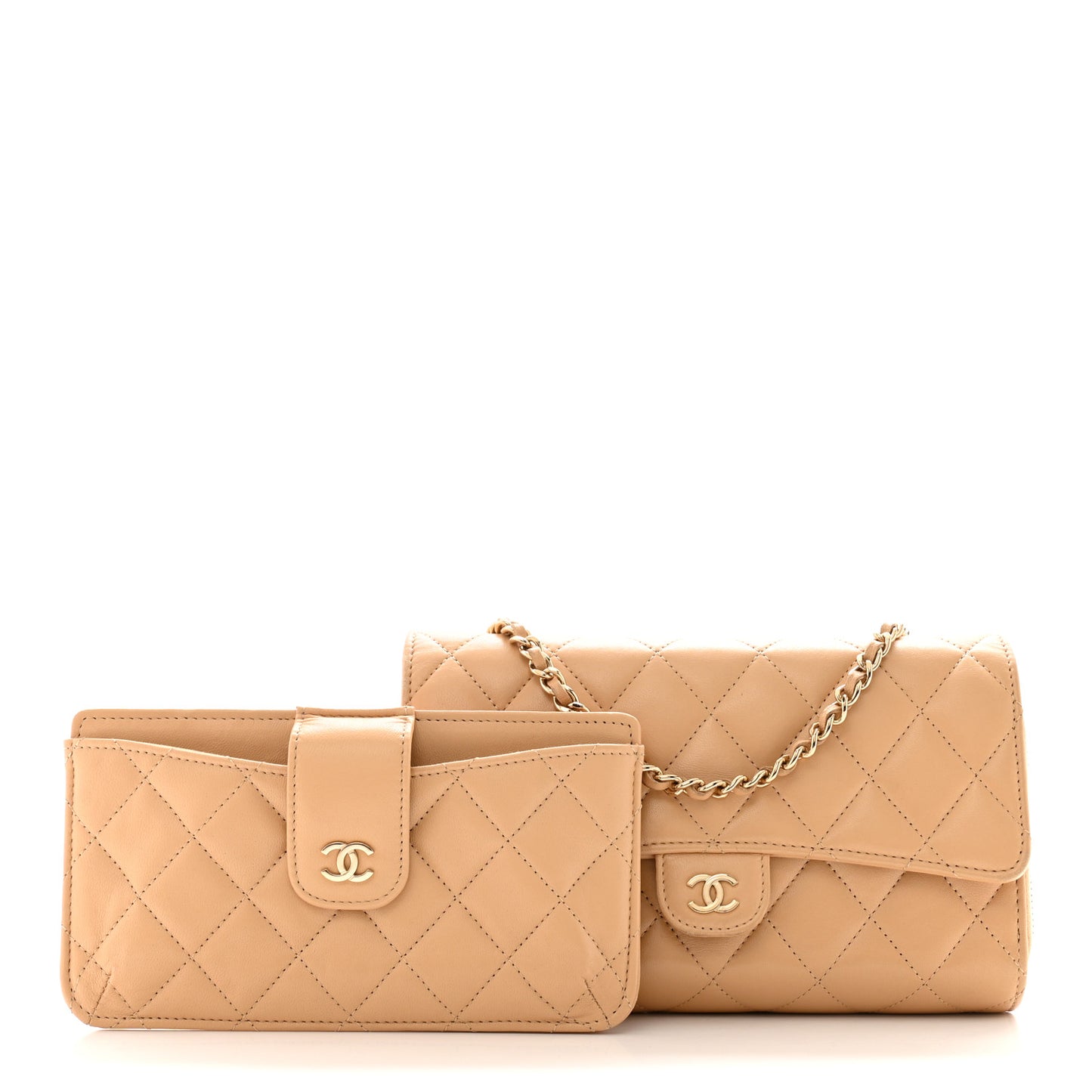 Lambskin Quilted Phone Holder Wallet on Removable Chain Beige