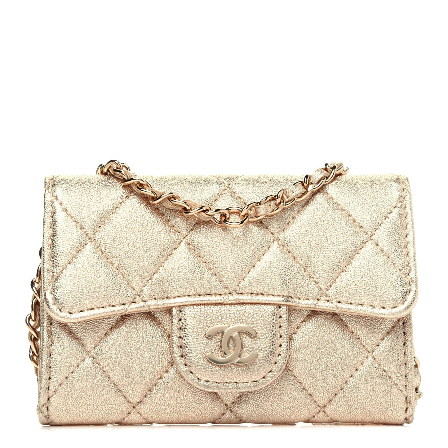 Metallic Lambskin Quilted Flap Chain Waist Bag Gold