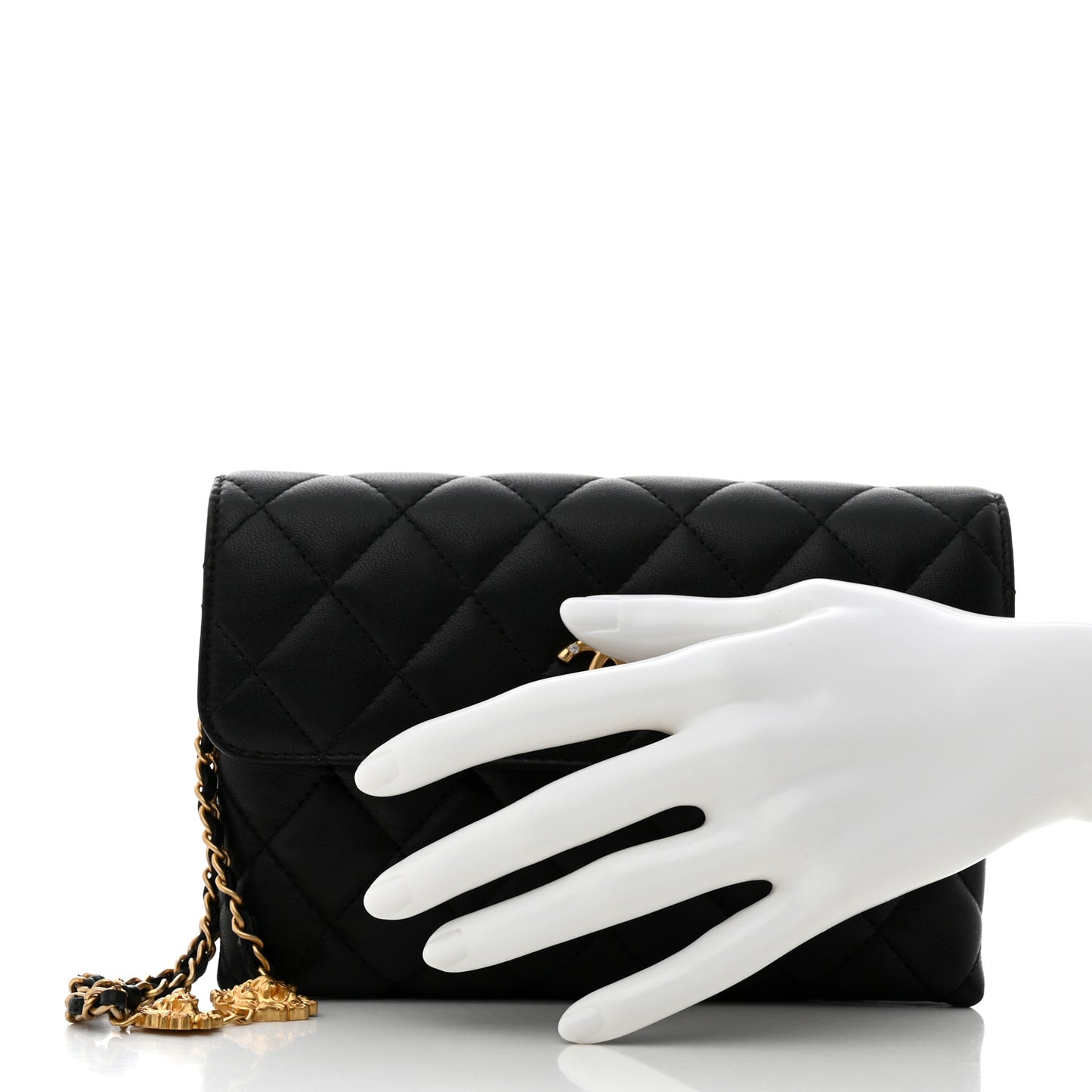 Lambskin Quilted CC Pouch With Handle Black