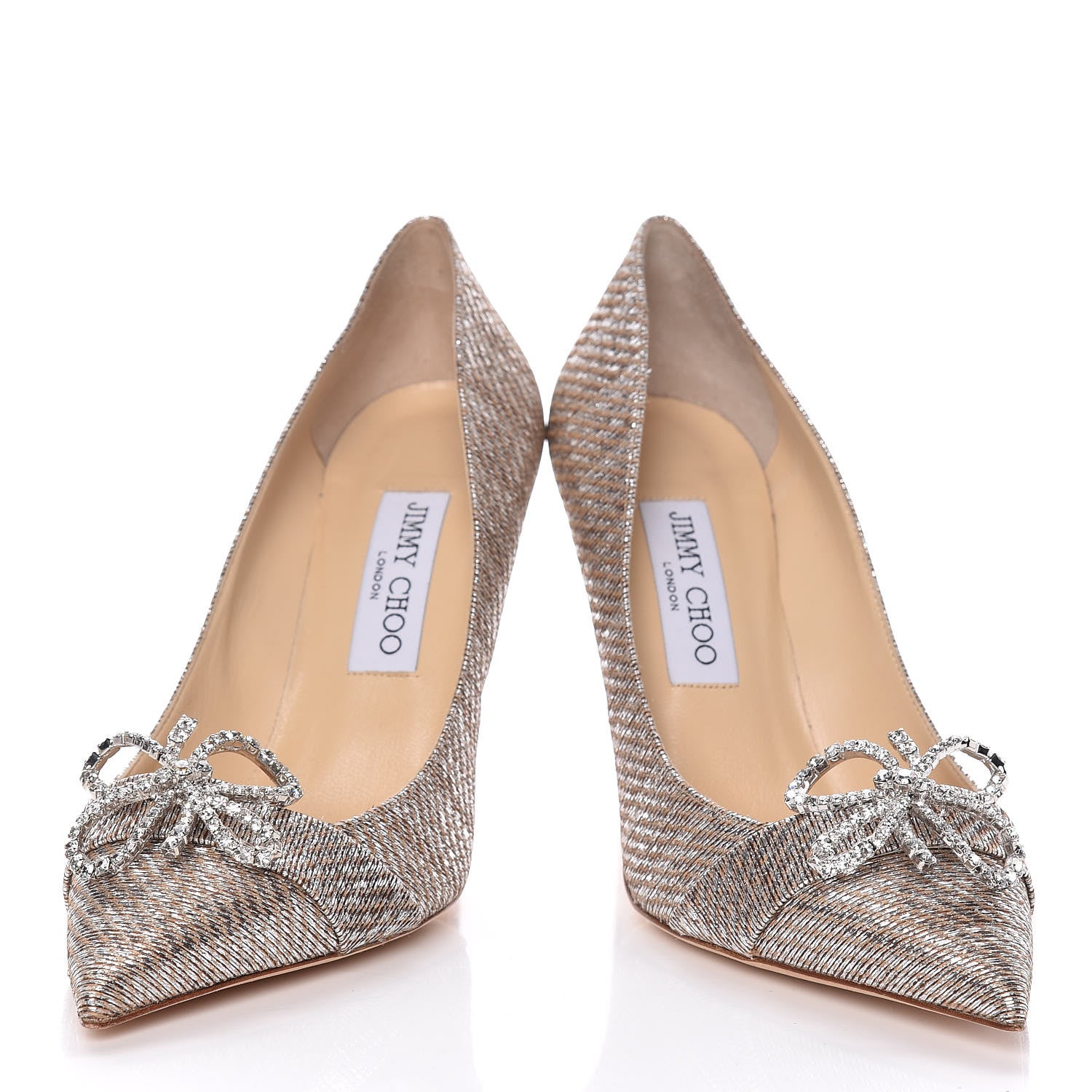 Jimmy Choo Metallic Lame Fabric Crystal Bow Veil 100 Pumps 36 Silver 9 of 9