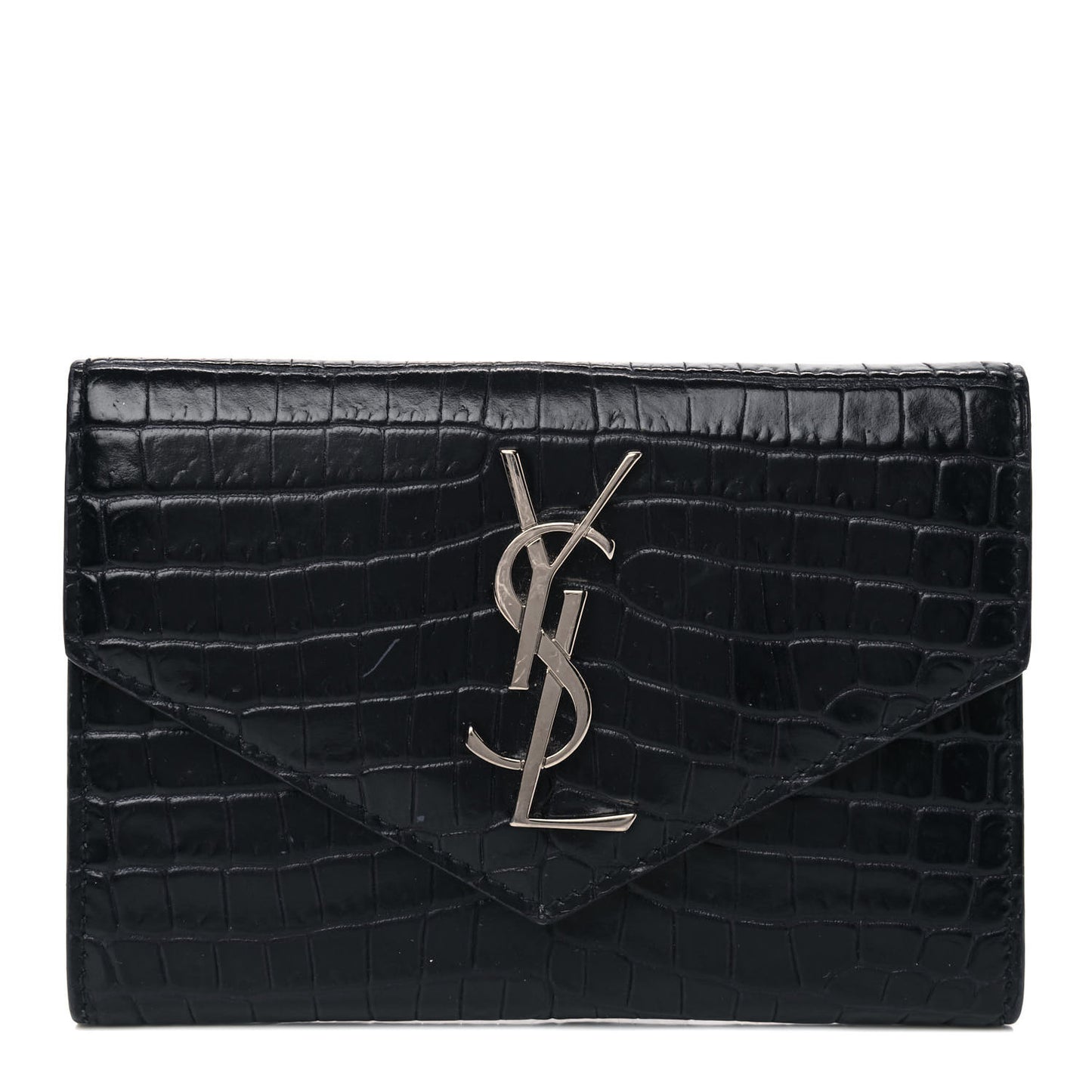 Calfskin Crocodile Embossed Small Monogram Envelope Wallet Deep Marine