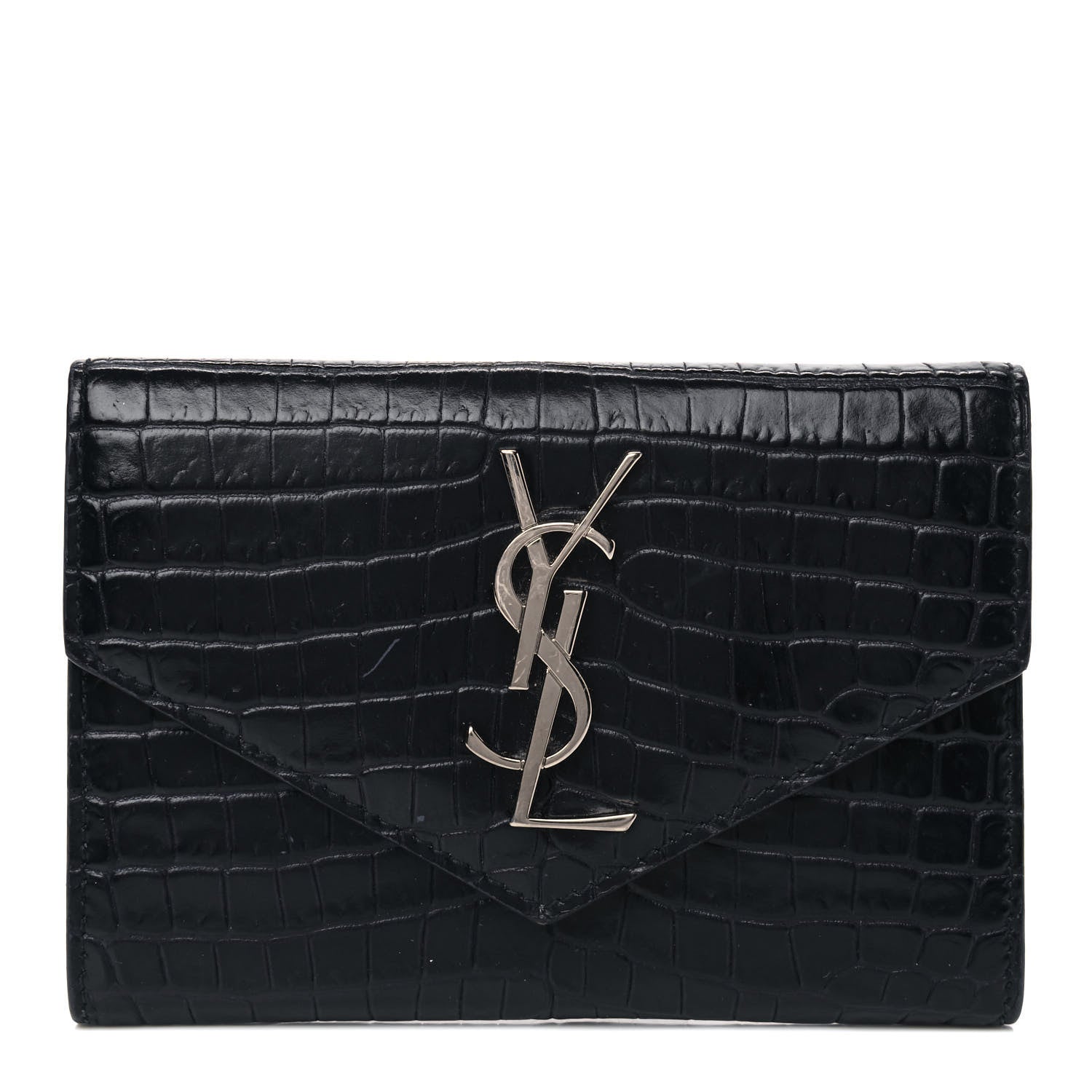 Saint Laurent Calfskin Crocodile Embossed Small Monogram Envelope Wallet Deep Marine 1 of 5