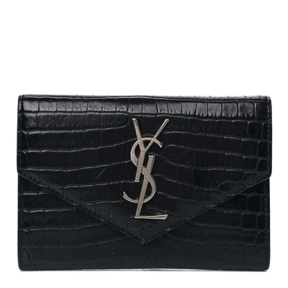 Saint Laurent Calfskin Crocodile Embossed Small Monogram Envelope Wallet Deep Marine 1 of 5