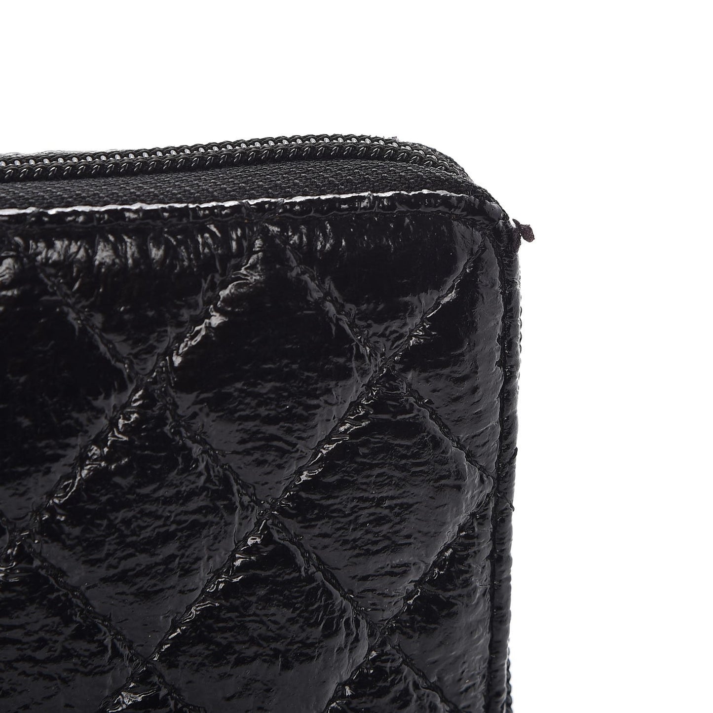 Crackled Patent Calfskin Large Gusset Zip Around Wallet Black