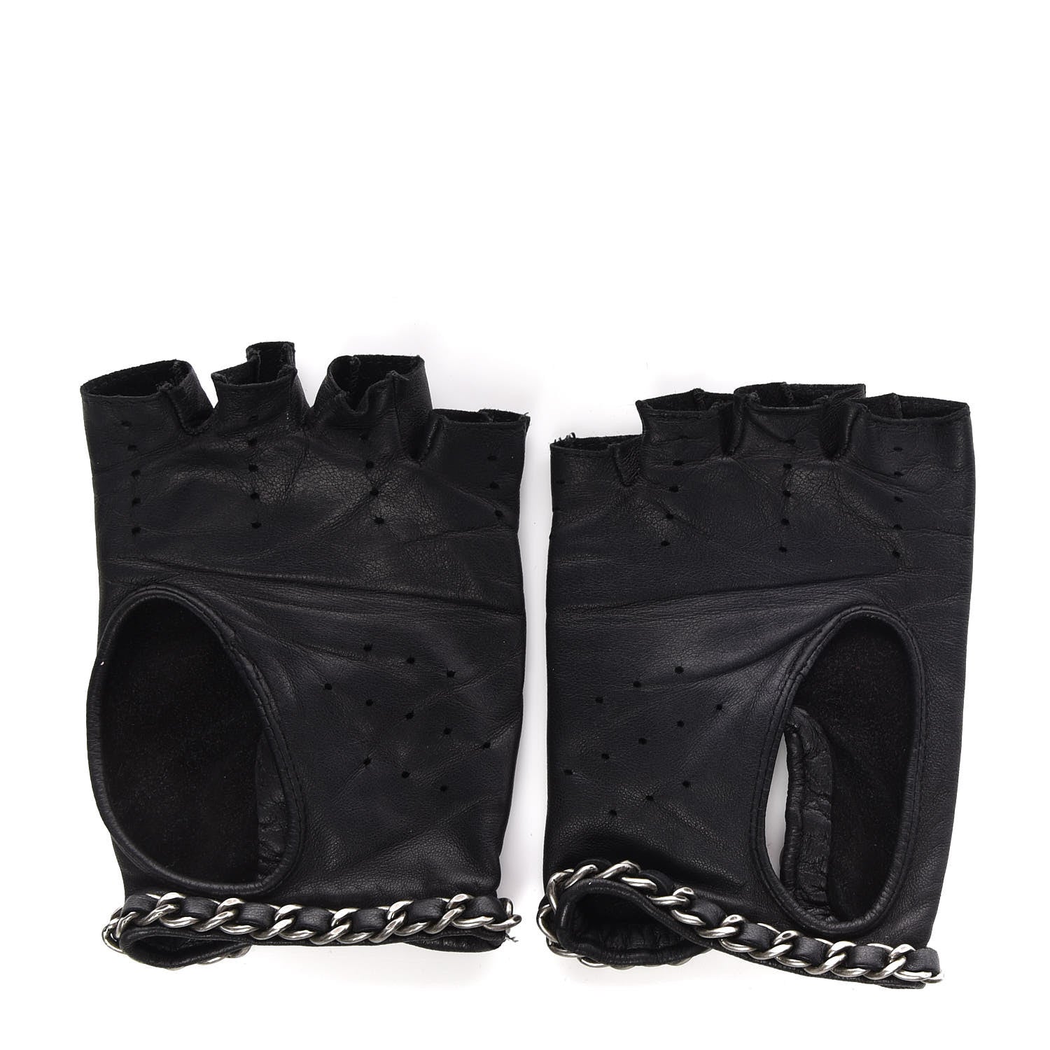 Chanel Lambskin Fingerless Chain CC Gloves 7.5 Black 3 of 7