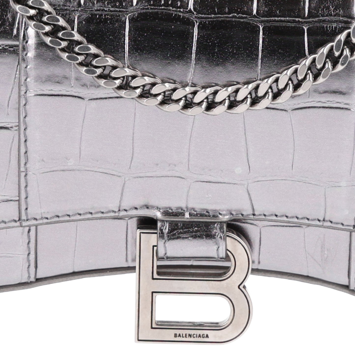 Metallic Calfskin Crocodile Embossed Hourglass Chain Bag Silver