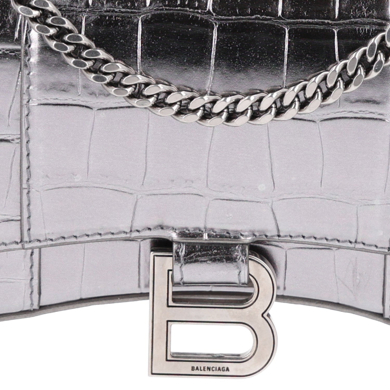 Balenciaga Metallic Calfskin Crocodile Embossed Hourglass Chain Bag Silver 7 of 9