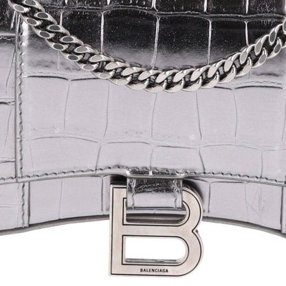 Balenciaga Metallic Calfskin Crocodile Embossed Hourglass Chain Bag Silver 7 of 9