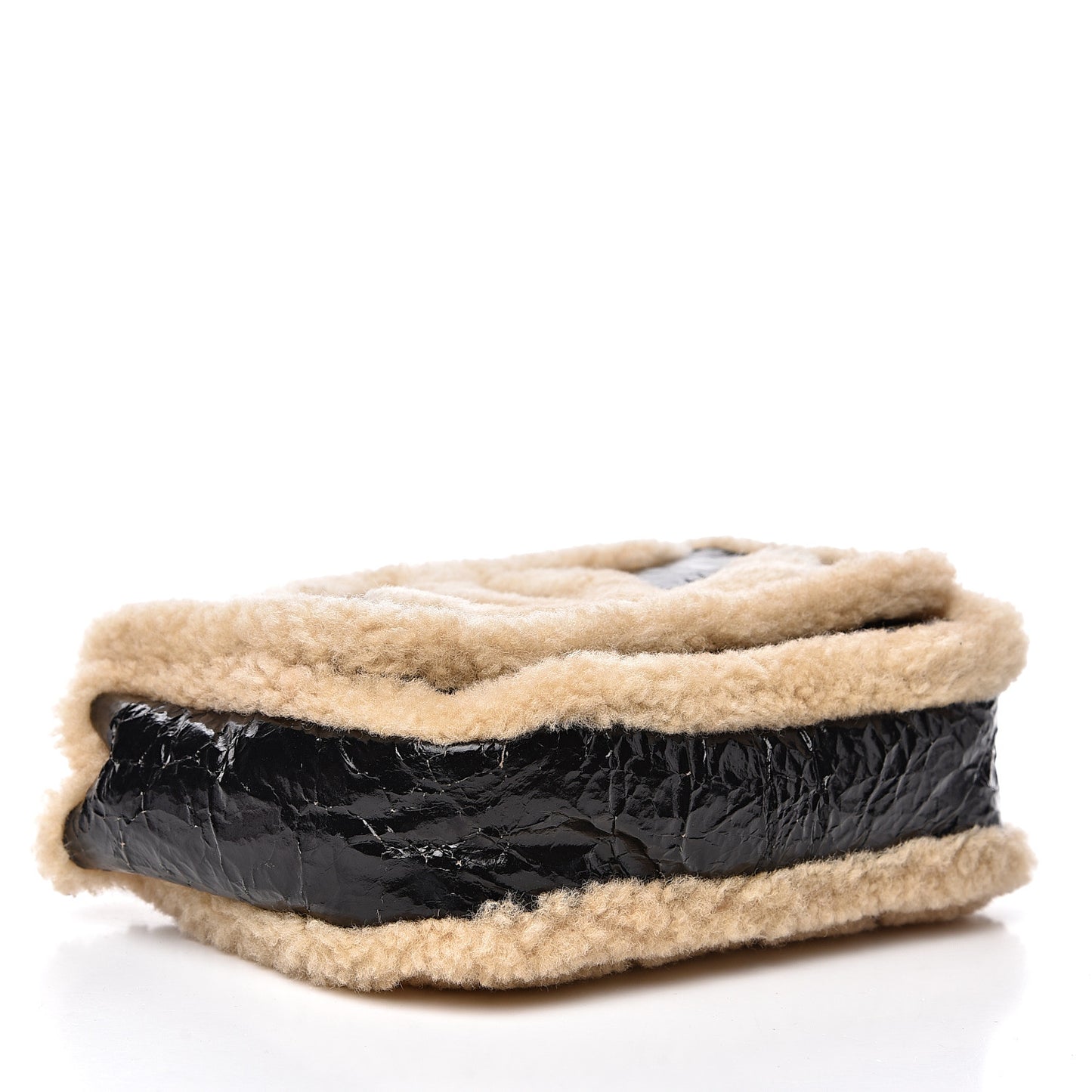 Crumpled Calfskin Shearling CC Flap Black Beige