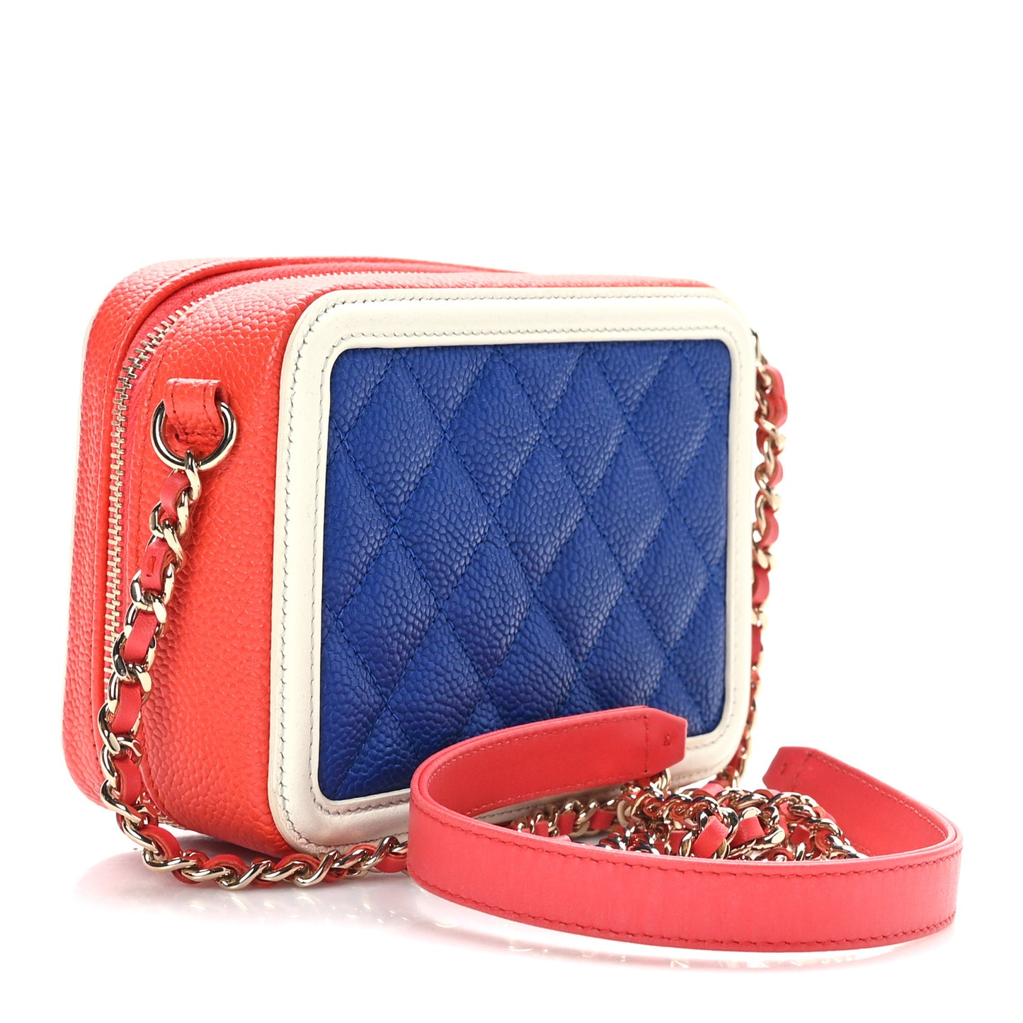 Caviar Quilted Filigree Vanity Clutch With Chain Blue White Red