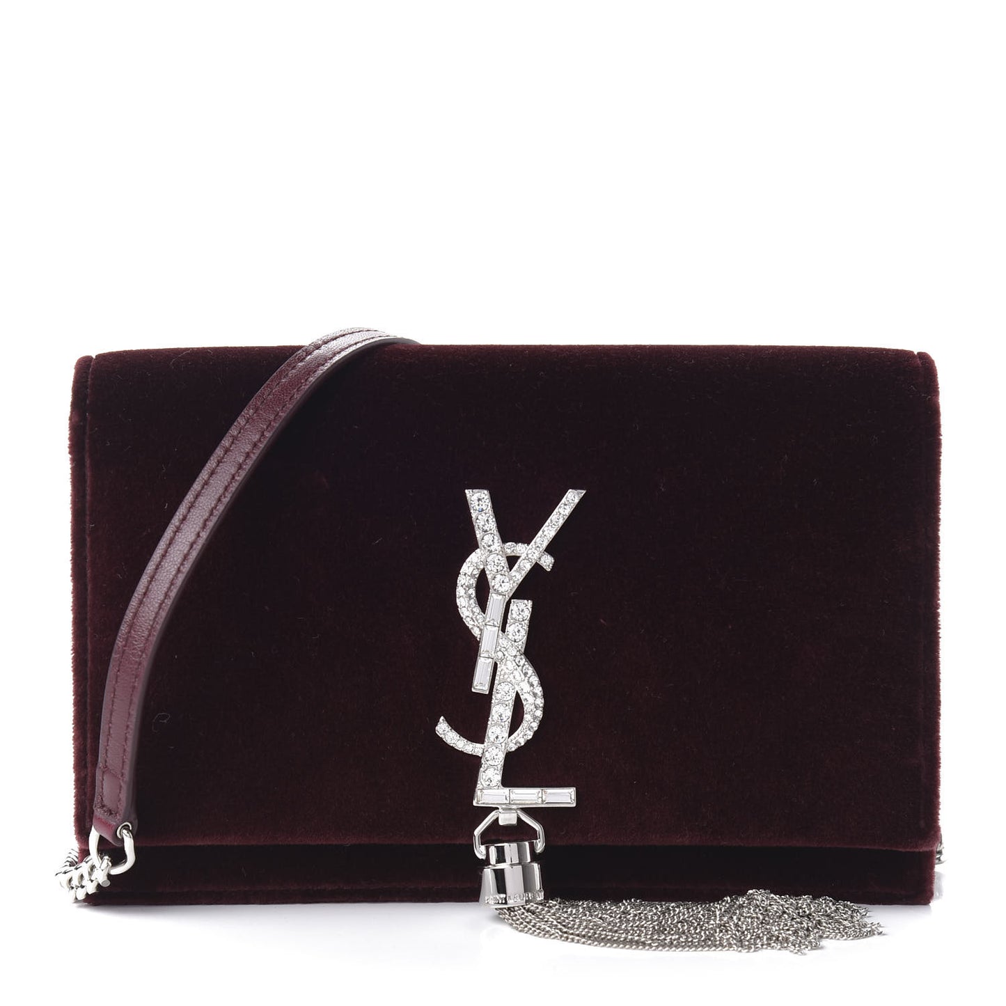 Velvet Crystal Monogram Kate Tassel Shoulder Bag Burgundy