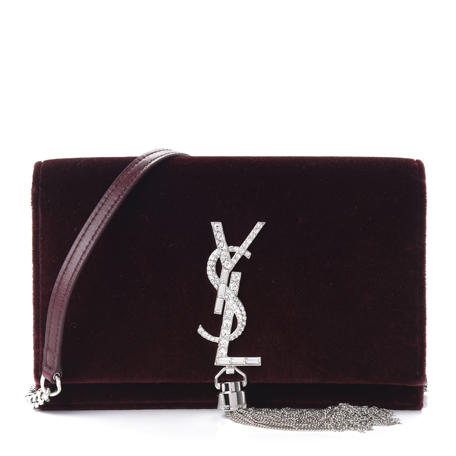 Saint Laurent Velvet Crystal Monogram Kate Tassel Shoulder Bag Burgundy 2 of 9
