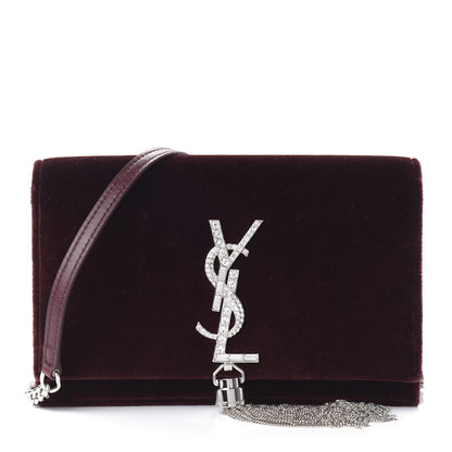 Saint Laurent Velvet Crystal Monogram Kate Tassel Shoulder Bag Burgundy 2 of 9