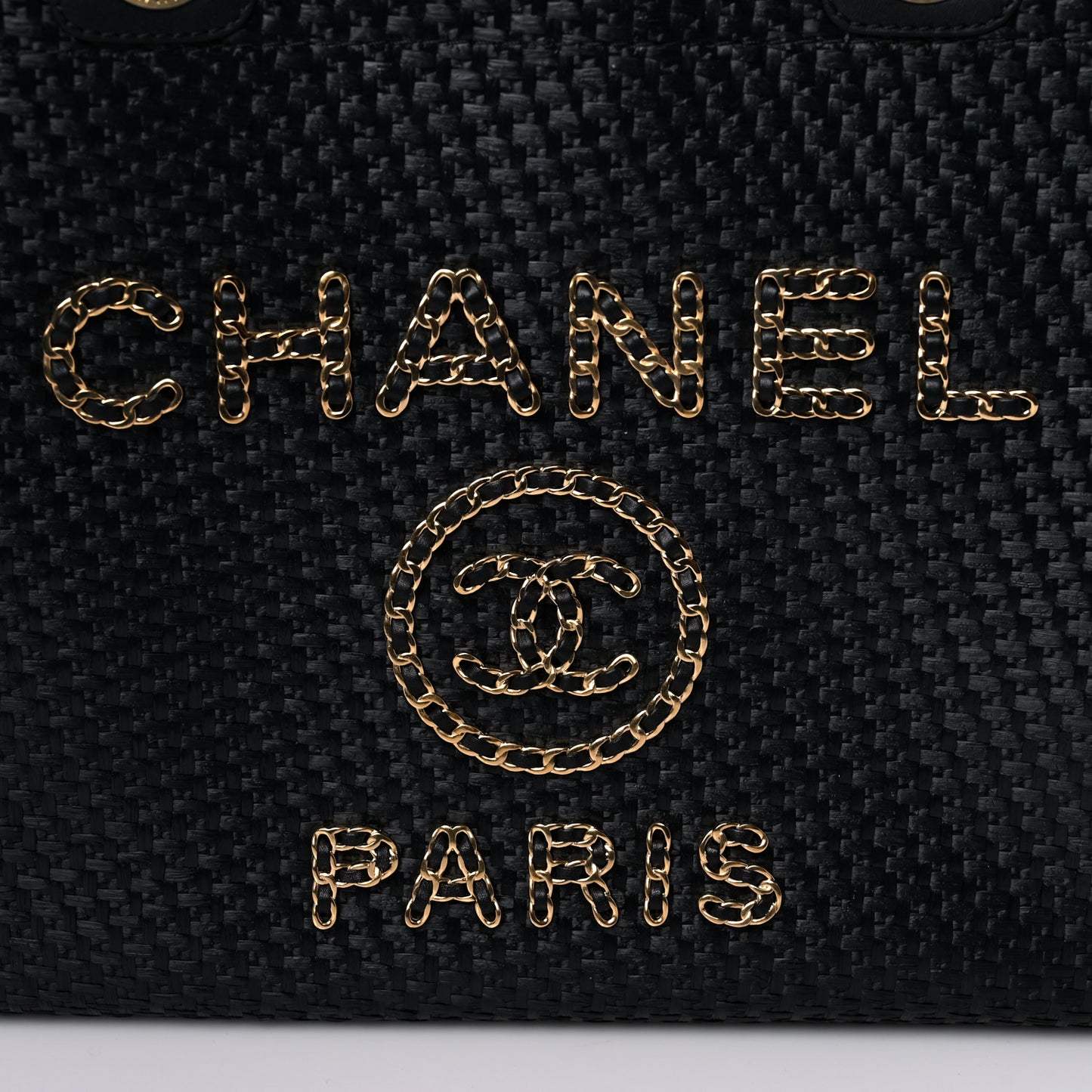 Straw Raffia Calfskin Chain Small Deauville Tote Black