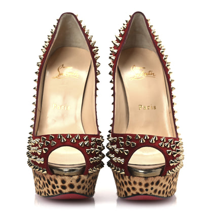 Christian Louboutin Veau Velours Calf Hair Leopard Lady Peep Spikes 150 Pumps 38 Red 3 of 13